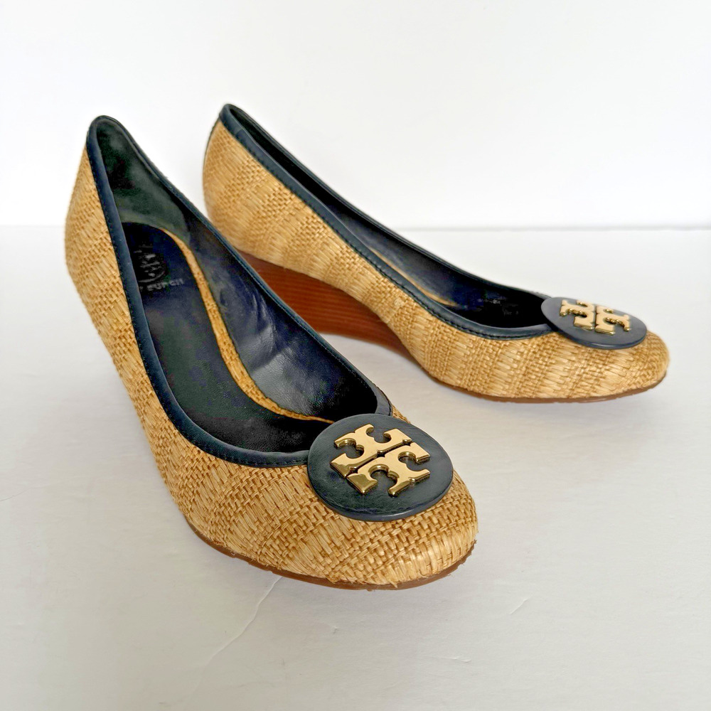 Tory Burch Sally Raffia Wedge Heel Shoes Size 11 Black Leather Lg Logo Career